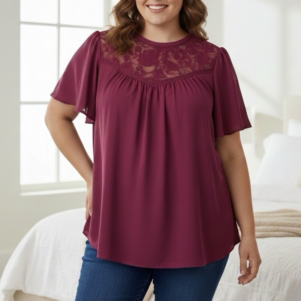 NWT Torrid Red Georgette Lace Detail Flutter Sleeve Pullover Top Size 5X Office